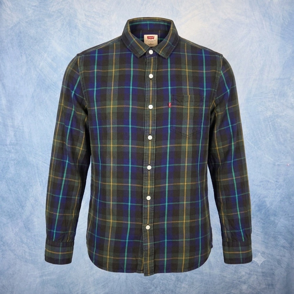 Levis Mens Slim Fit Plaid Flannel Button Down Shirt Navy Green Large 3838